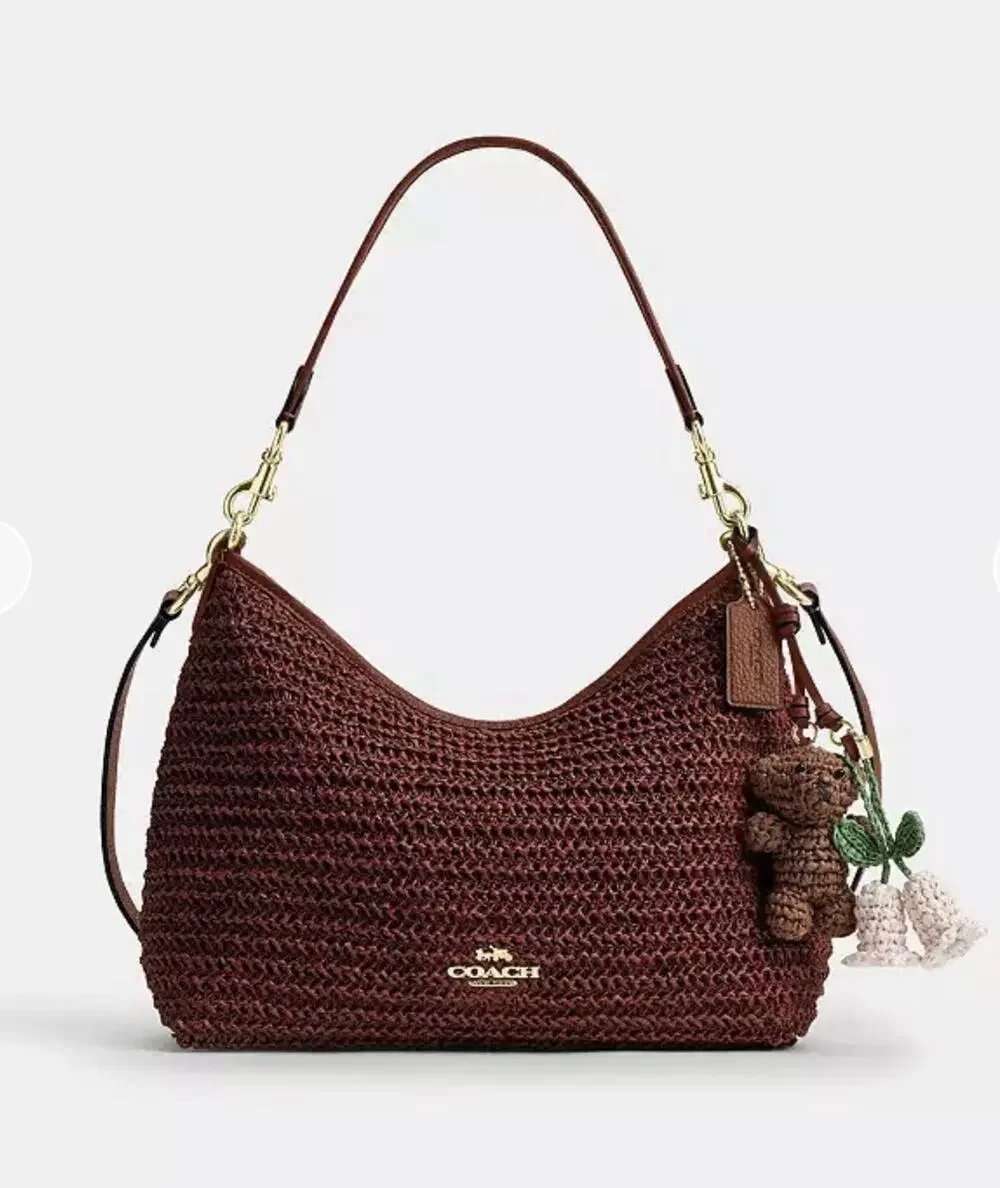 B3-006 NWT COACH Laurel Shoulder Bag Straw with Charms Gold Russet CES23